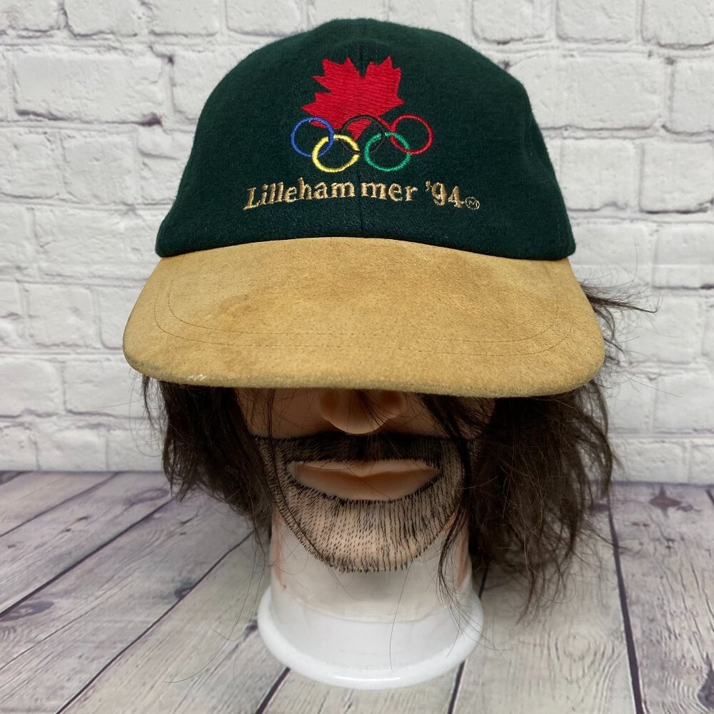 Vintage Olympics Hat Fleece Cap Strap Back Lillehammer '94 Green Brown 1994 90s